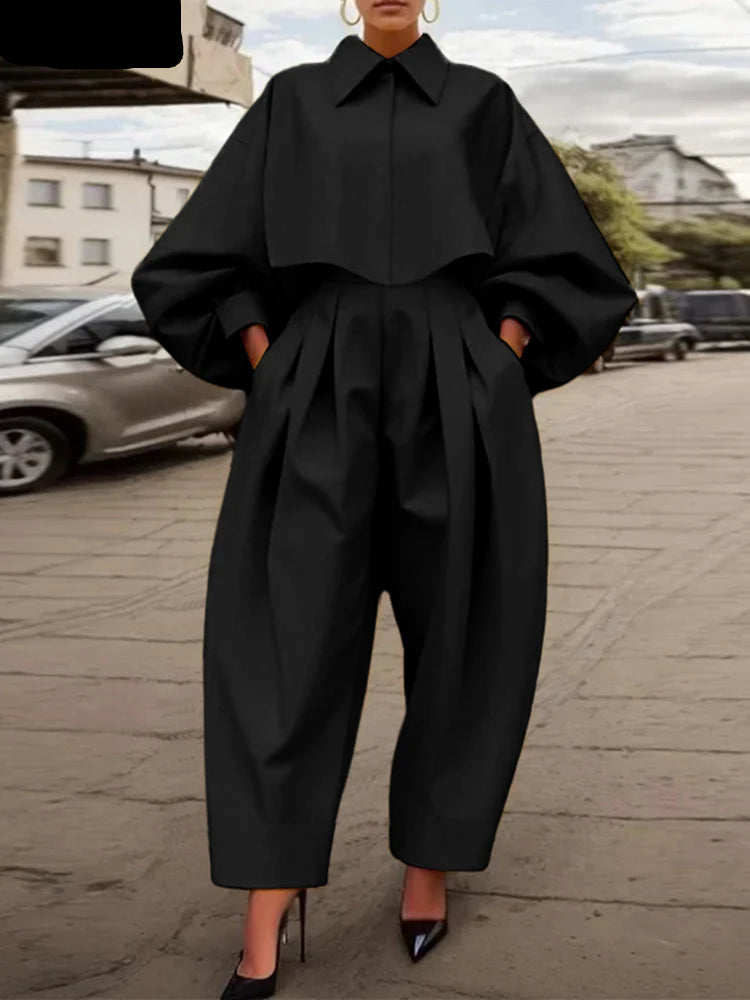 Women Pants Sets Casual Loose Turn-down Collar Tops Elastic Waist Wide Leg Pant Outfits Suits