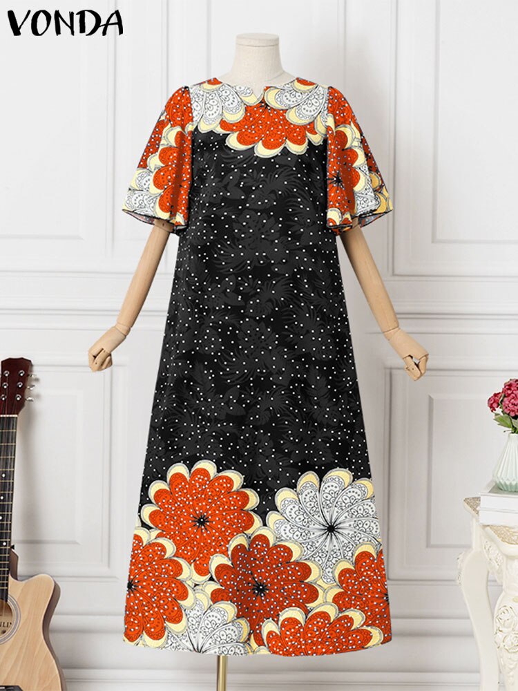 Vintage Half Sleeve Floral Printed Casual Loose Maxi Sundress Femme Beach