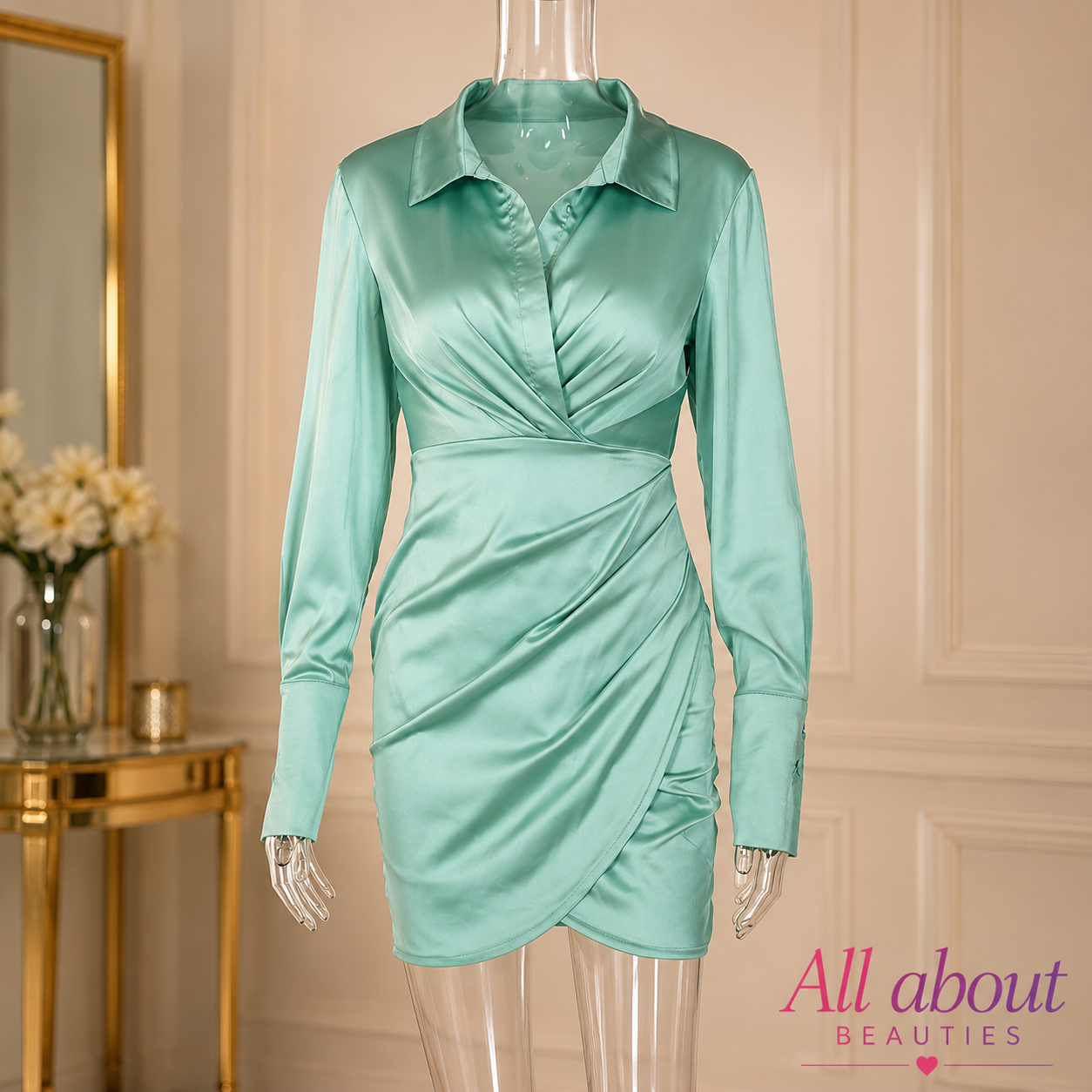 Women's Satin Ruched With Colar Mini Dress