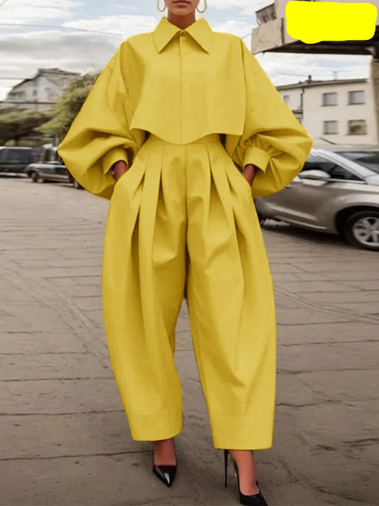 Women Pants Sets Casual Loose Turn-down Collar Tops Elastic Waist Wide Leg Pant Outfits Suits